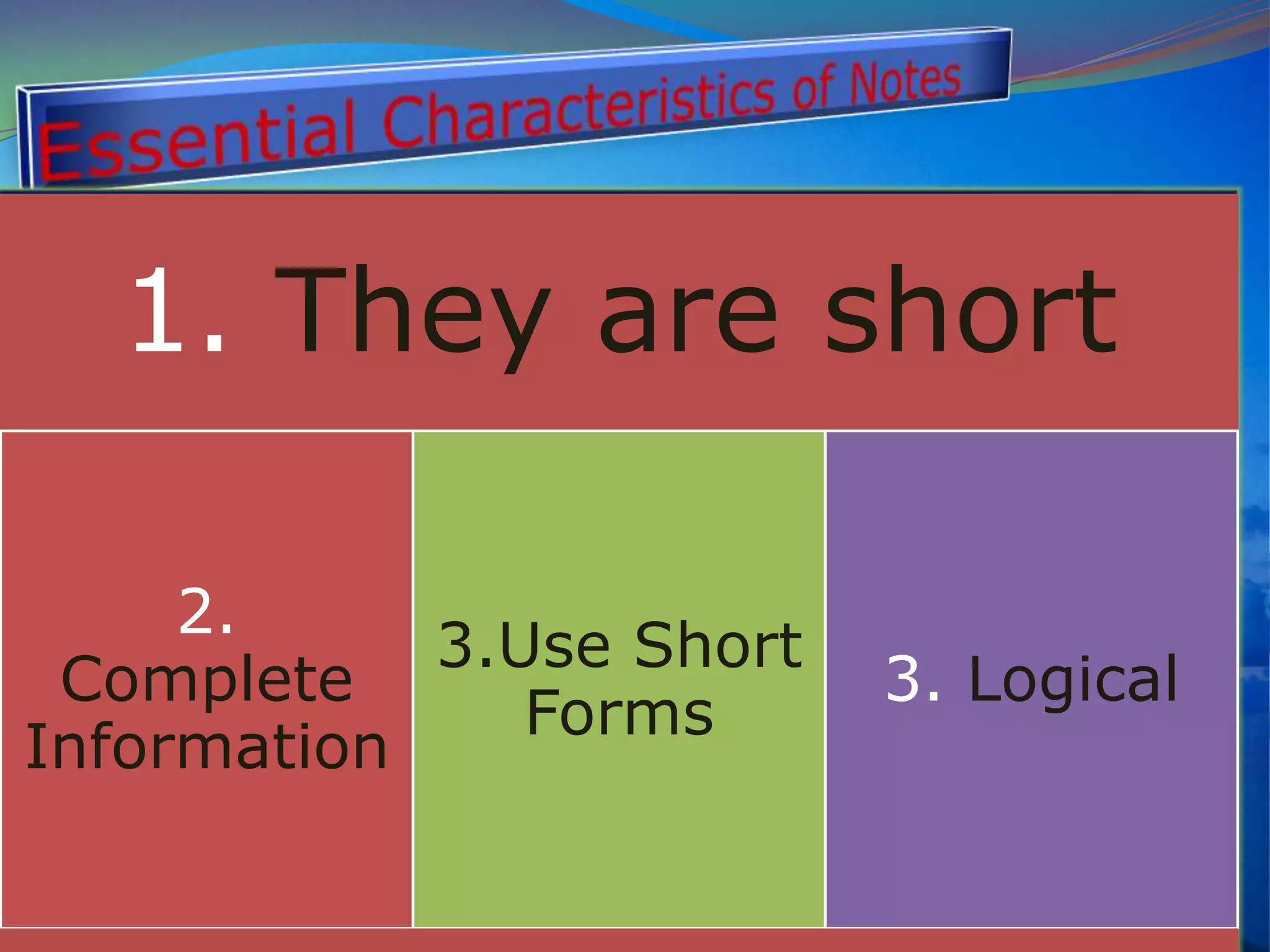  .
1. They are short
2.
Complete
Information
3.Use Short
Forms
3. Logical
 