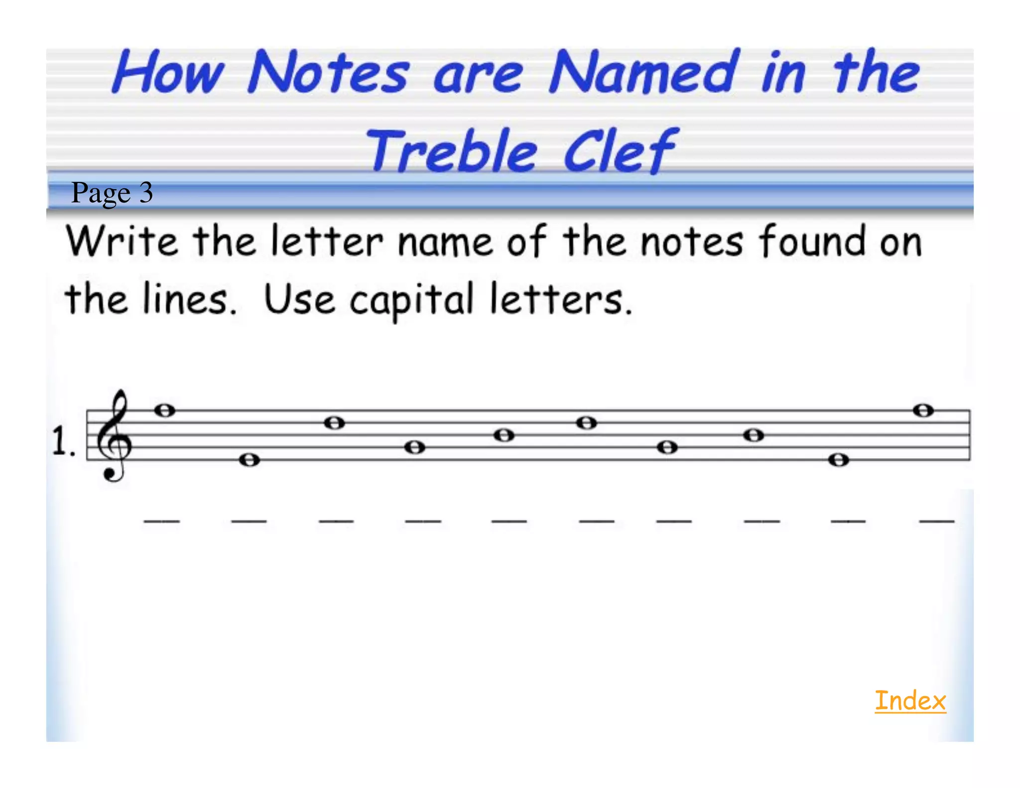 How Notes are Named in the
Treble Clef
Index
Page 3
 