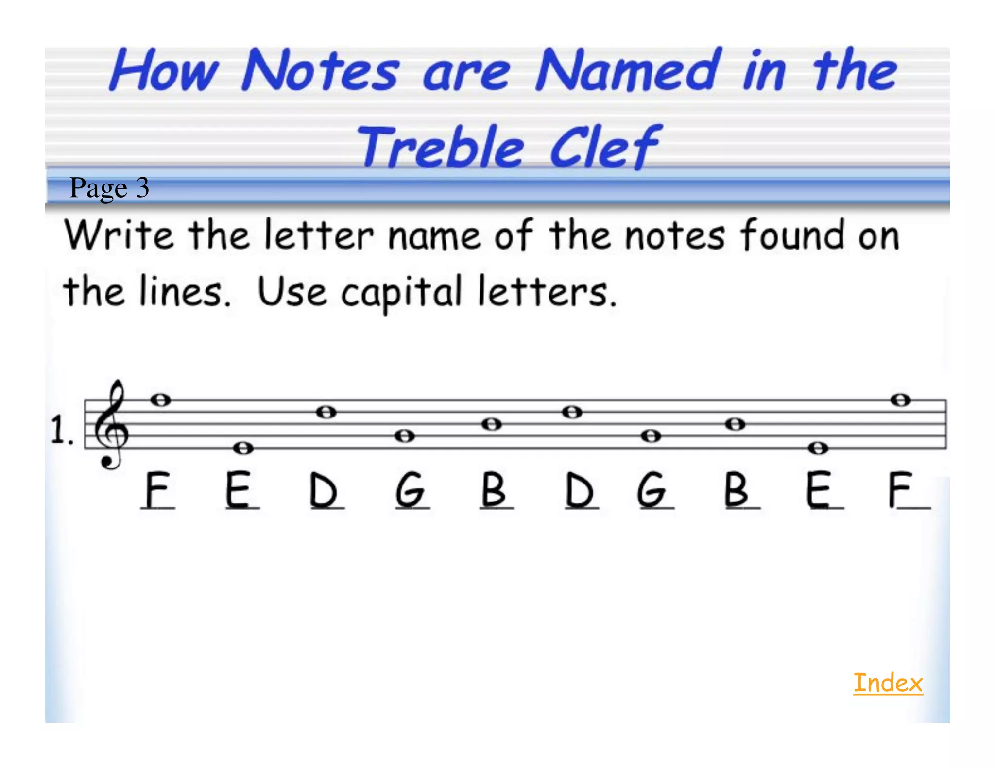 How Notes are Named in the
Treble Clef
Index
Page 3
 