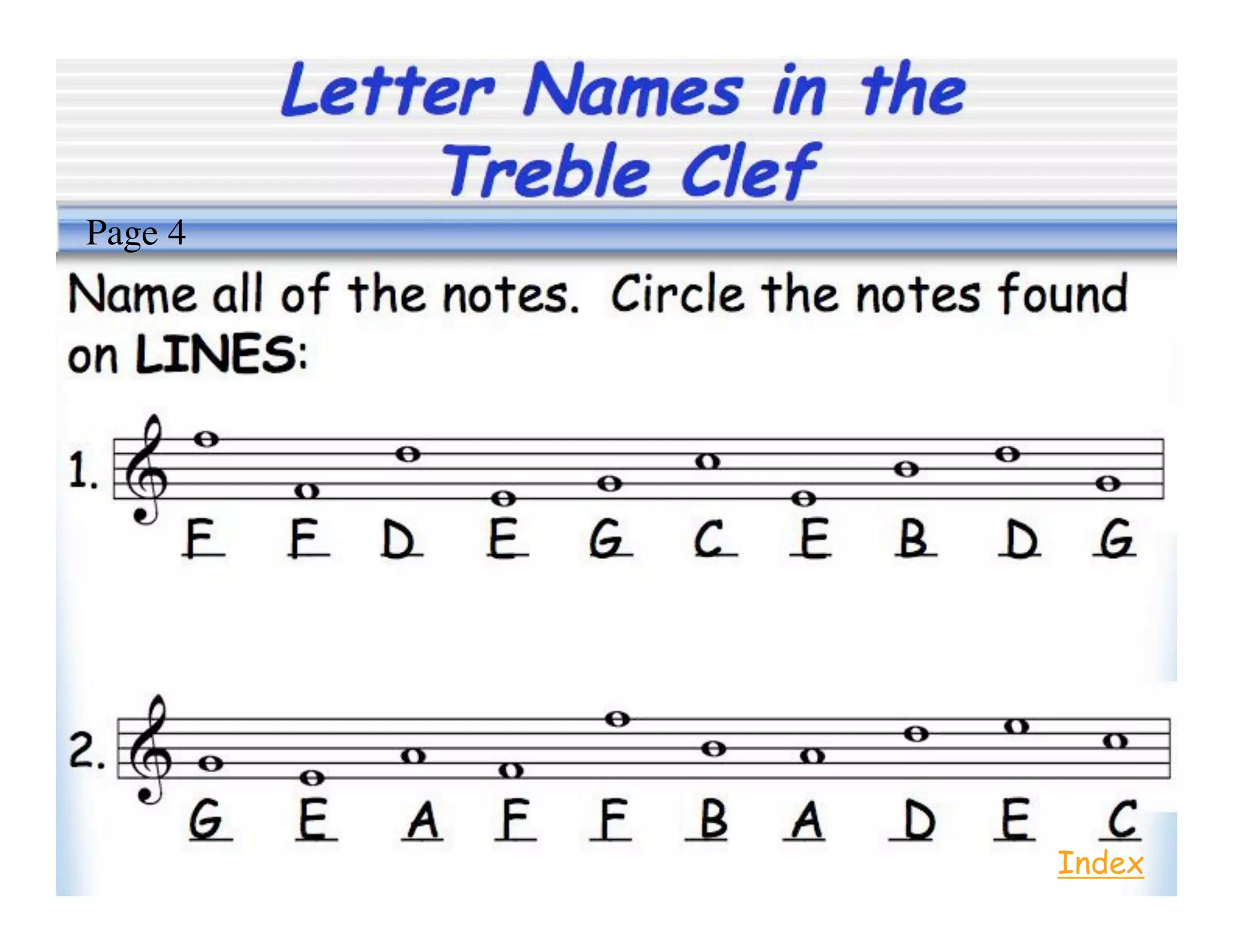 Letter Names in the
Treble Clef
Index
Page 4
 
