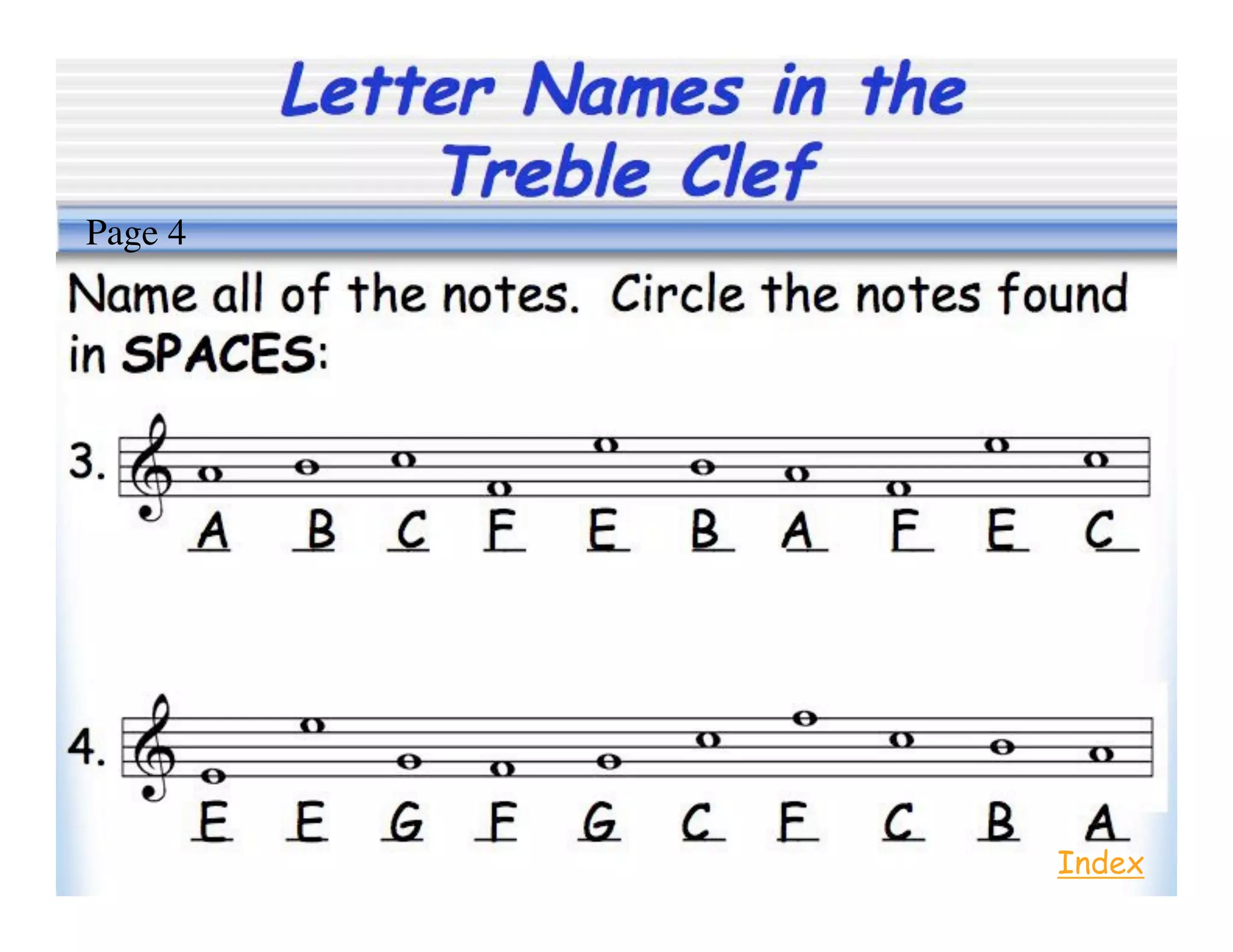 Letter Names in the
Treble Clef
Index
Page 4
 