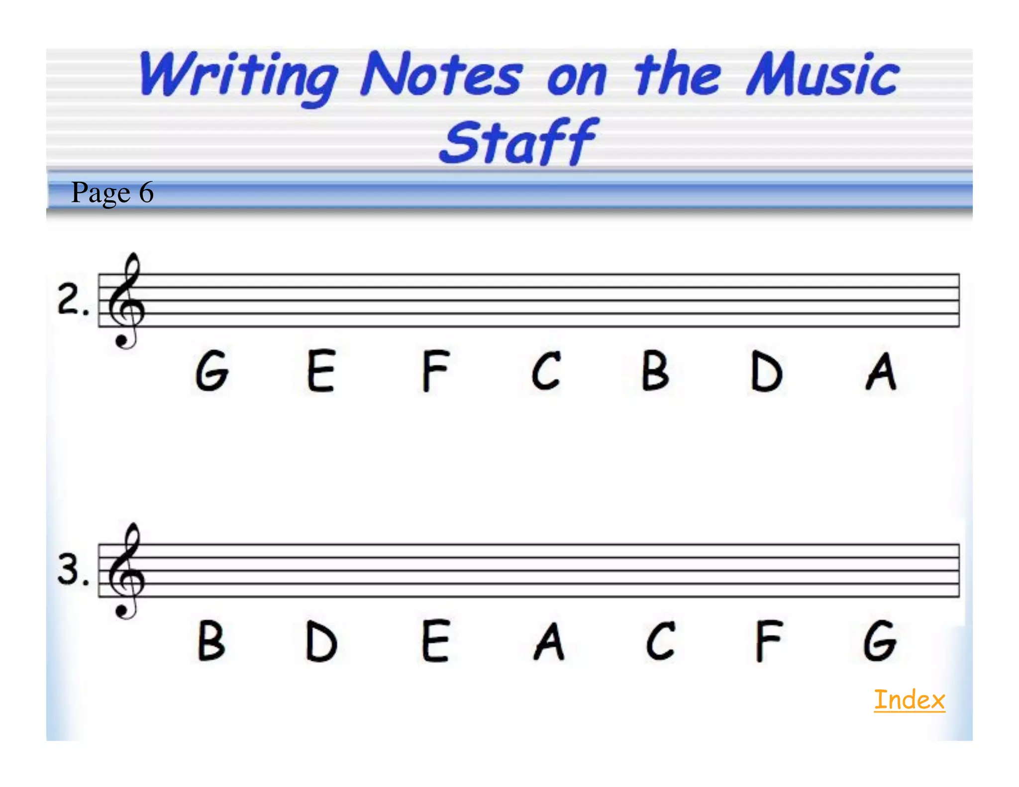 Writing Notes on the Music
Staff
Index
Page 6
 