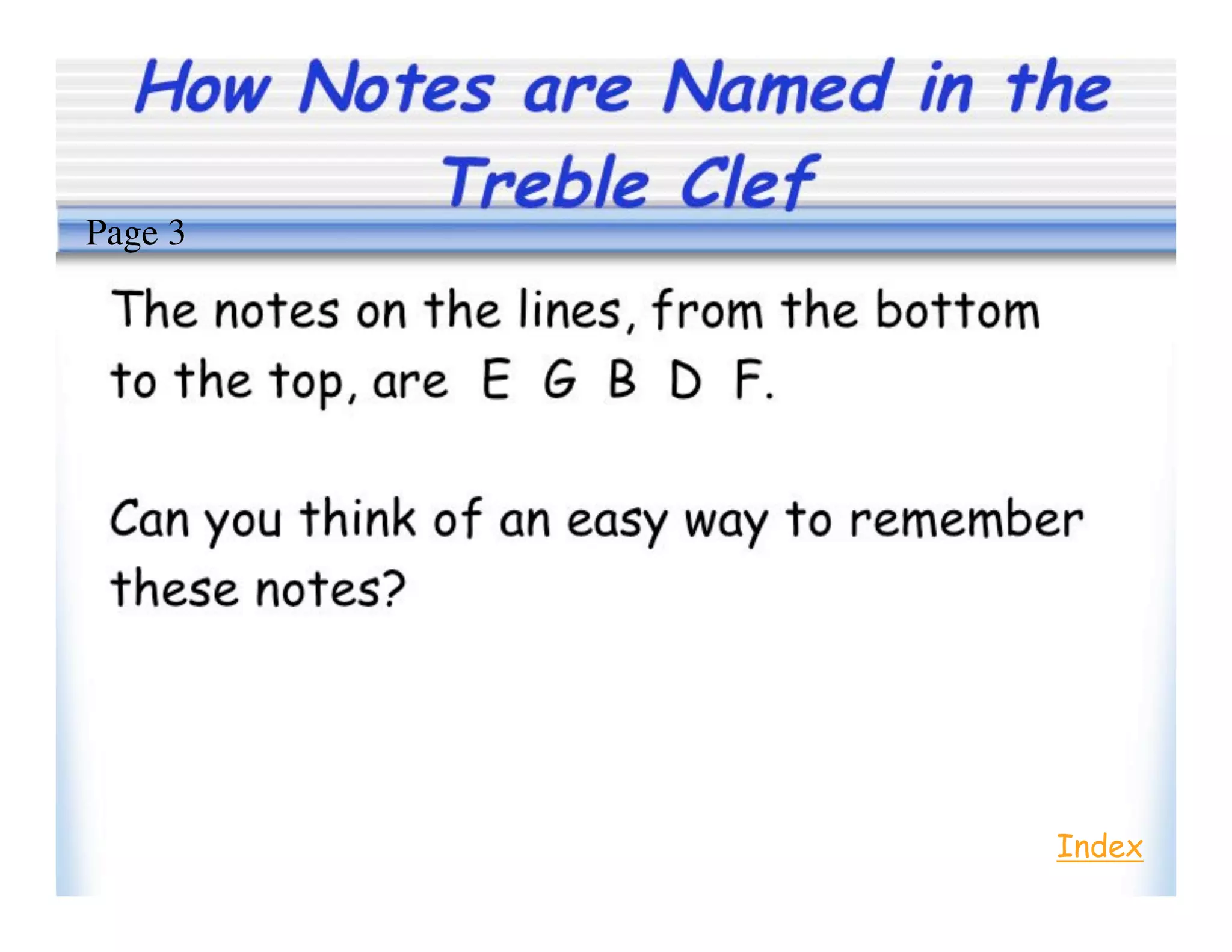 How Notes are Named in the
Treble Clef
Index
Page 3
 