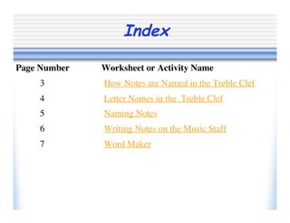 Index
3 How Notes are Named in the Treble Clef
Page Number Worksheet or Activity Name
4 Letter Names in the Treble Clef
5 Naming Notes
6 Writing Notes on the Music Staff
7 Word Maker
 