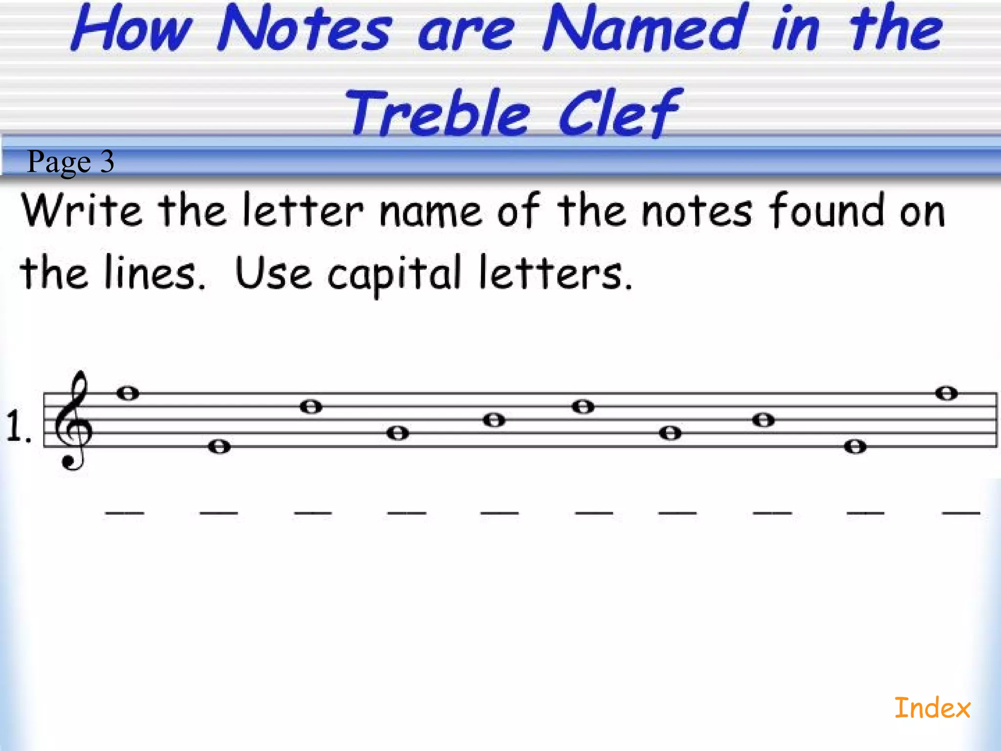 How Notes are Named in the
Treble Clef
Index
Page 3
 