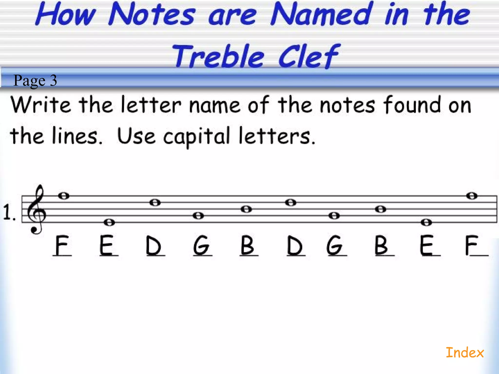 How Notes are Named in the
Treble Clef
Index
Page 3
 