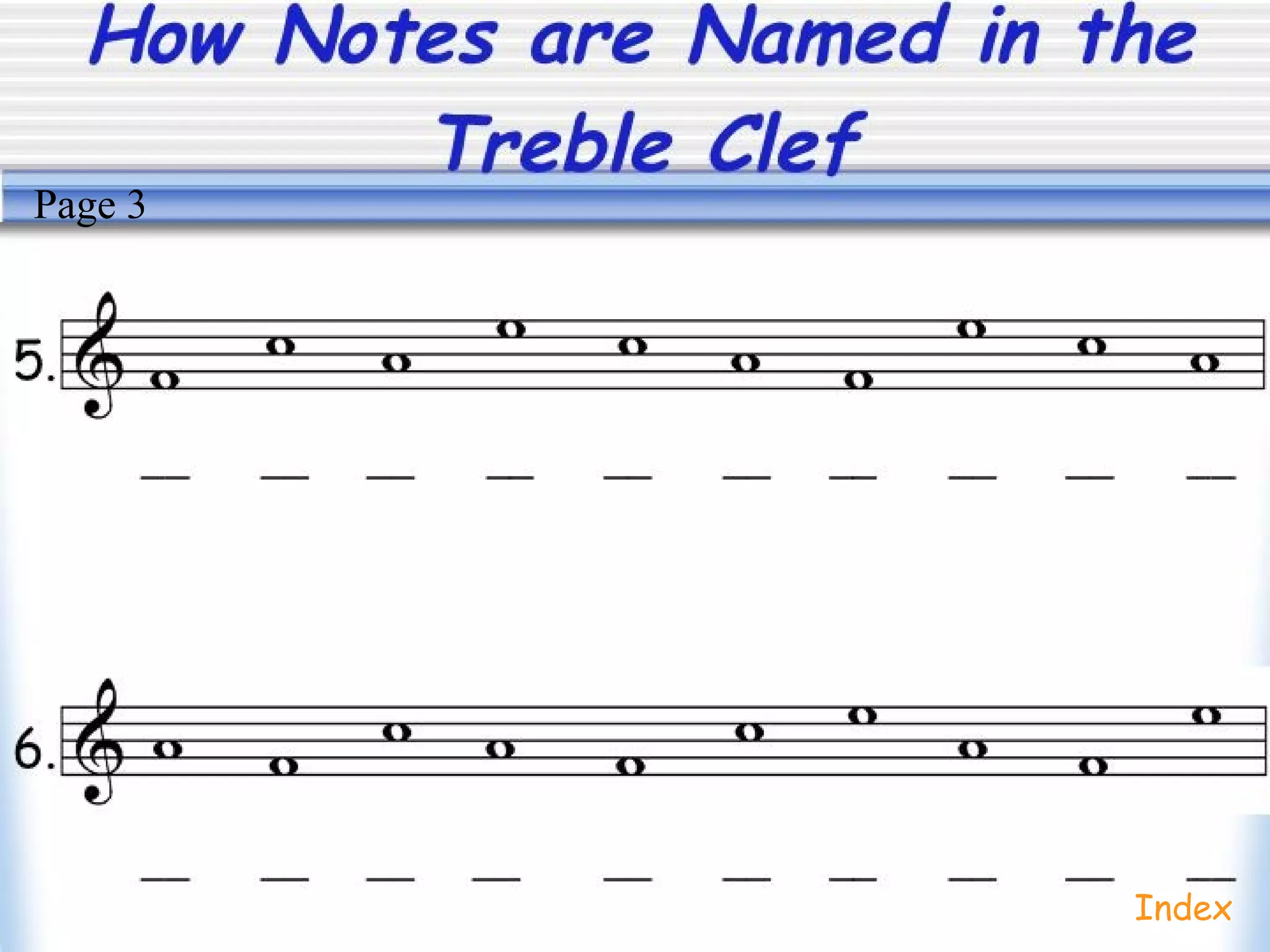 How Notes are Named in the
Treble Clef
Index
Page 3
 