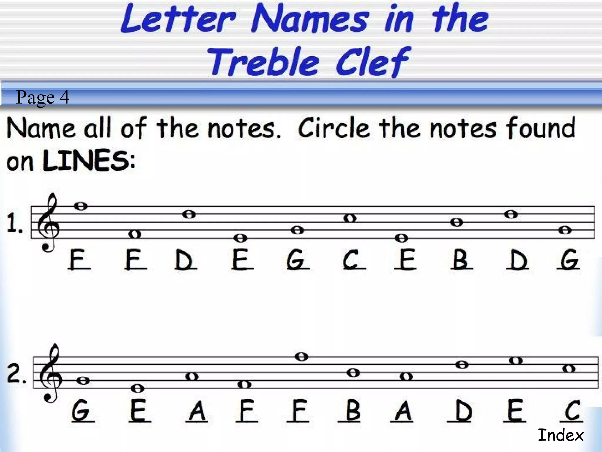 Letter Names in the
Treble Clef
Index
Page 4
 
