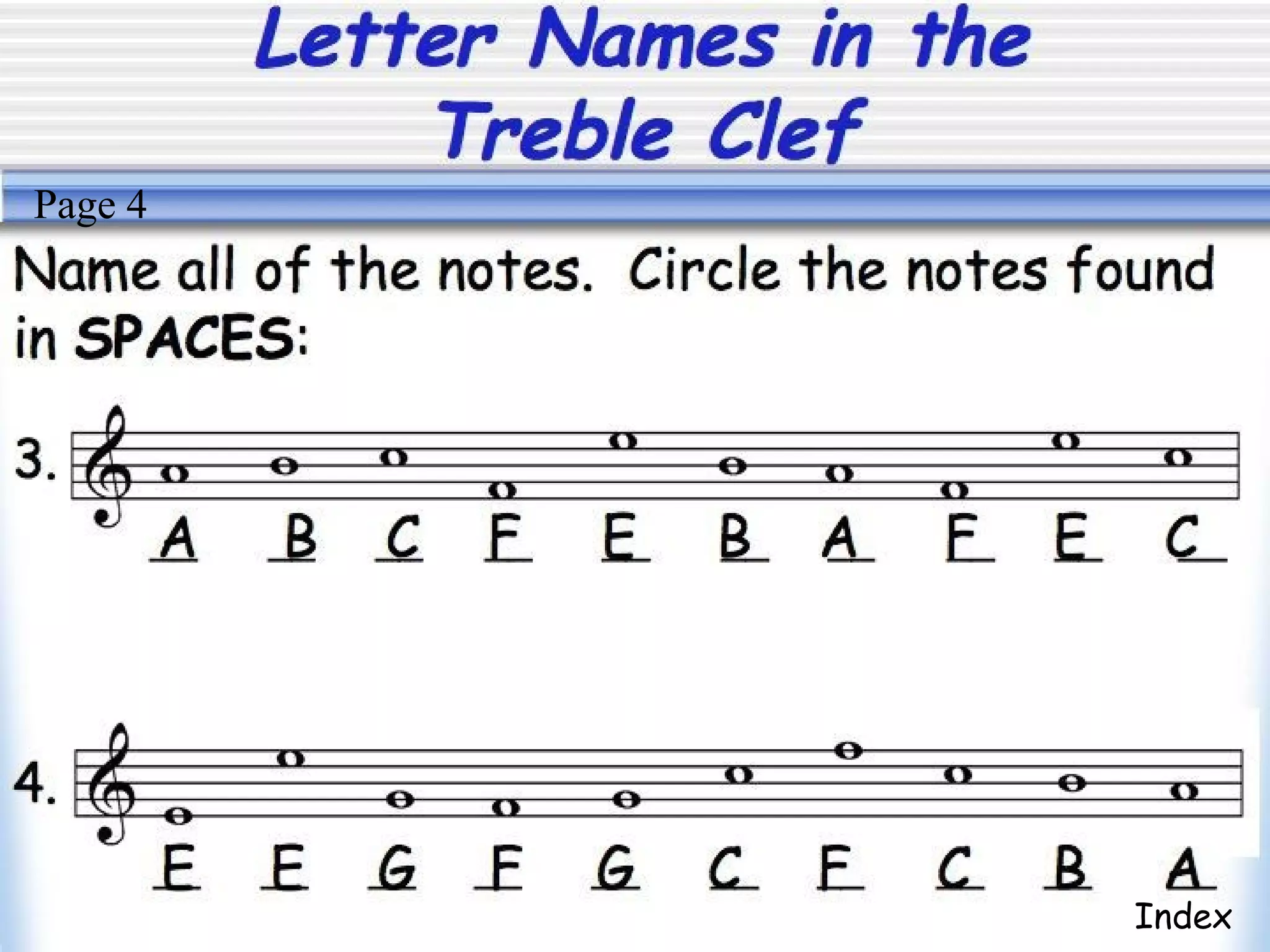 Letter Names in the
Treble Clef
Index
Page 4
 