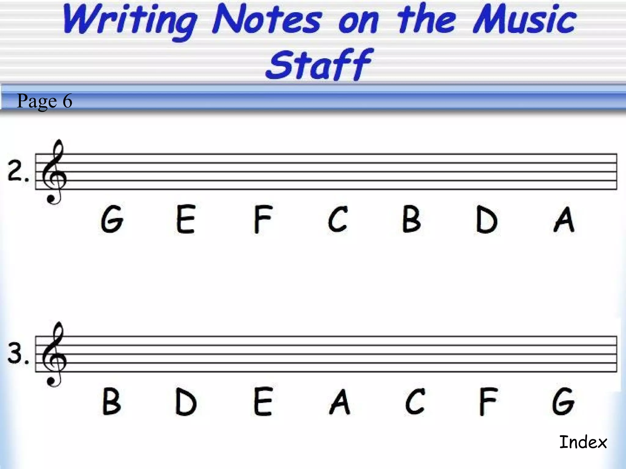 Writing Notes on the Music
Staff
Index
Page 6
 