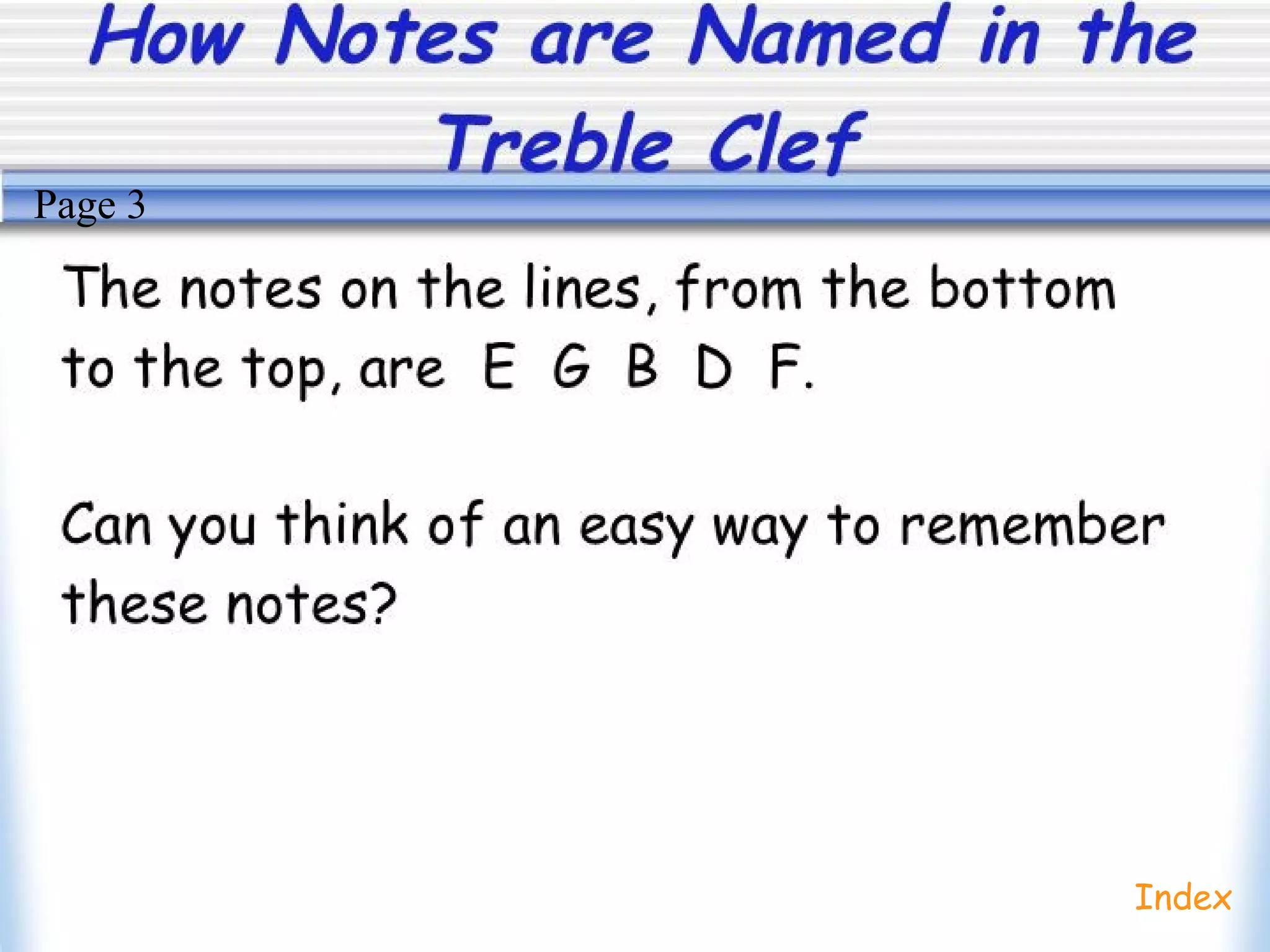 How Notes are Named in the
Treble Clef
Index
Page 3
 