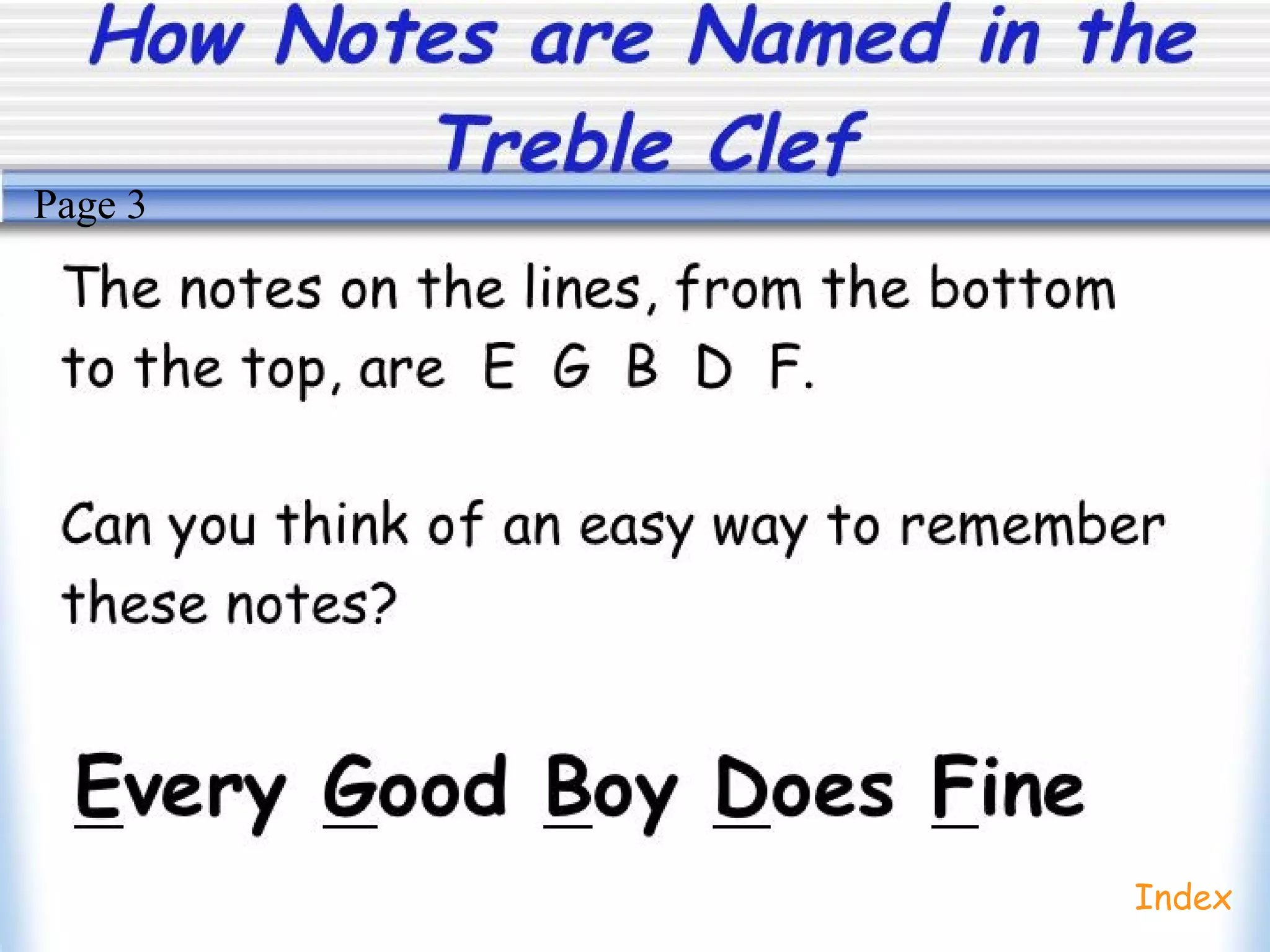 How Notes are Named in the
Treble Clef
Index
Page 3
 