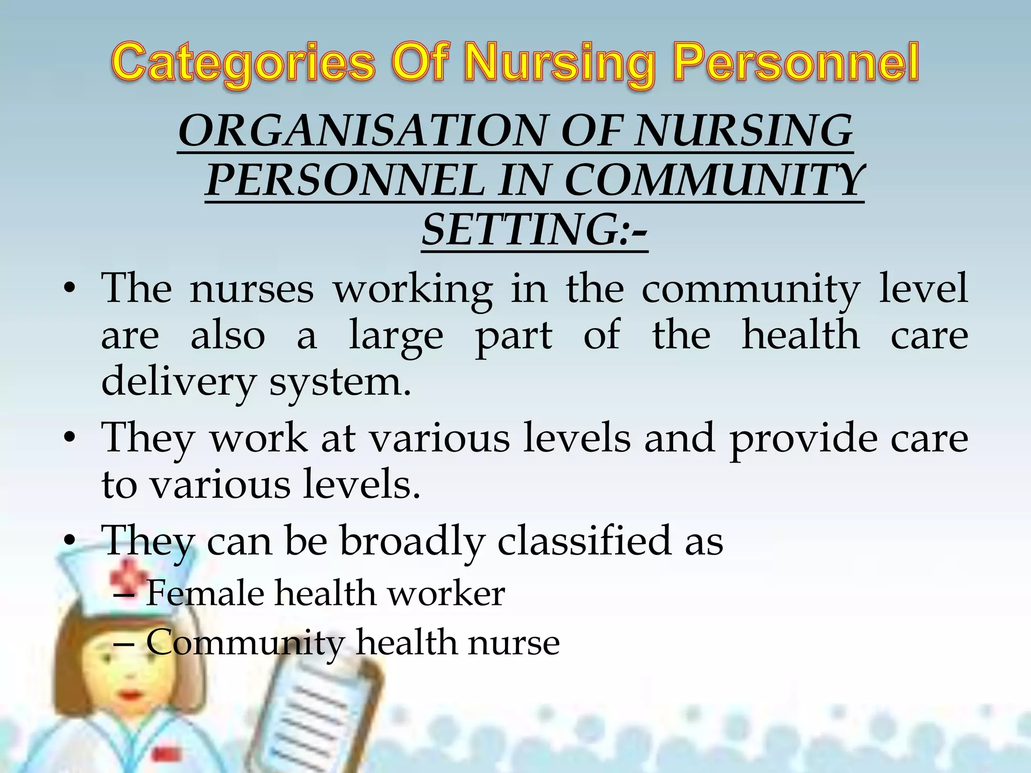 ORGANISATION OF NURSING
PERSONNEL IN COMMUNITY
SETTING:-
• The nurses working in the community level
are also a large part of the health care
delivery system.
• They work at various levels and provide care
to various levels.
• They can be broadly classified as
– Female health worker
– Community health nurse
 