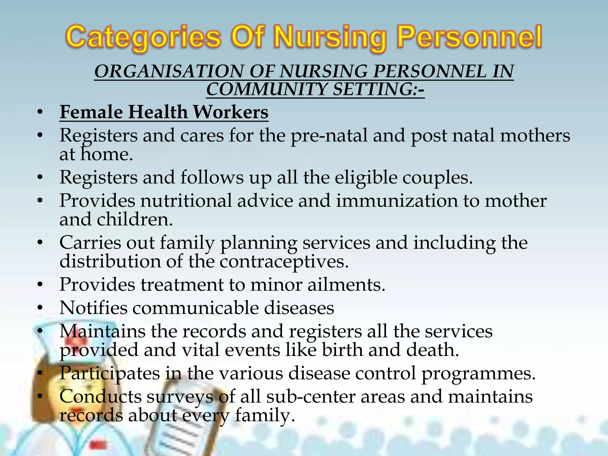 ORGANISATION OF NURSING PERSONNEL IN
COMMUNITY SETTING:-
• Female Health Workers
• Registers and cares for the pre-natal and post natal mothers
at home.
• Registers and follows up all the eligible couples.
• Provides nutritional advice and immunization to mother
and children.
• Carries out family planning services and including the
distribution of the contraceptives.
• Provides treatment to minor ailments.
• Notifies communicable diseases
• Maintains the records and registers all the services
provided and vital events like birth and death.
• Participates in the various disease control programmes.
• Conducts surveys of all sub-center areas and maintains
records about every family.
 
