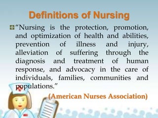 Definitions of Nursing
“Nursing is the protection, promotion,
and optimization of health and abilities,
prevention of illness and injury,
alleviation of suffering through the
diagnosis and treatment of human
response, and advocacy in the care of
individuals, families, communities and
populations.”
(American Nurses Association)
 