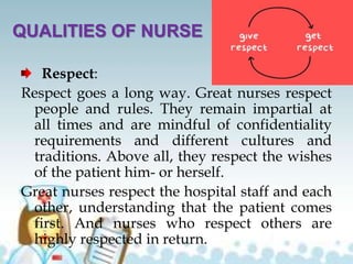 QUALITIES OF NURSE
Respect:
Respect goes a long way. Great nurses respect
people and rules. They remain impartial at
all times and are mindful of confidentiality
requirements and different cultures and
traditions. Above all, they respect the wishes
of the patient him- or herself.
Great nurses respect the hospital staff and each
other, understanding that the patient comes
first. And nurses who respect others are
highly respected in return.
 