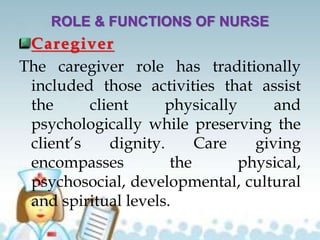 ROLE & FUNCTIONS OF NURSE
Caregiver
The caregiver role has traditionally
included those activities that assist
the client physically and
psychologically while preserving the
client’s dignity. Care giving
encompasses the physical,
psychosocial, developmental, cultural
and spiritual levels.
 