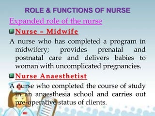 ROLE & FUNCTIONS OF NURSE
Expanded role of the nurse
Nurse – Midwife
A nurse who has completed a program in
midwifery; provides prenatal and
postnatal care and delivers babies to
woman with uncomplicated pregnancies.
Nurse Anaesthetist
A nurse who completed the course of study
in an anaesthesia school and carries out
pre-operative status of clients.
 