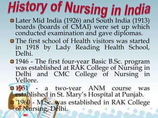 Later Mid India (1926) and South India (1913)
boards (boards of CMAI) were set up which
conducted examination and gave diplomas.
The first school of Health visitors was started
in 1918 by Lady Reading Health School,
Delhi.
1946 - The first four-year Basic B.Sc. program
was established at RAK College of Nursing in
Delhi and CMC College of Nursing in
Vellore.
1951 - a two-year ANM course was
established in St. Mary’s Hospital at Punjab.
1960 - M.Sc. was established in RAK College
of Nursing, Delhi.
 