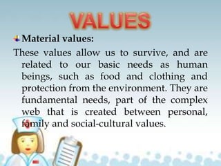 Material values:
These values allow us to survive, and are
related to our basic needs as human
beings, such as food and clothing and
protection from the environment. They are
fundamental needs, part of the complex
web that is created between personal,
family and social-cultural values.
 