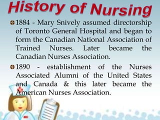 1884 - Mary Snively assumed directorship
of Toronto General Hospital and began to
form the Canadian National Association of
Trained Nurses. Later became the
Canadian Nurses Association.
1890 - establishment of the Nurses
Associated Alumni of the United States
and Canada & this later became the
American Nurses Association.
 