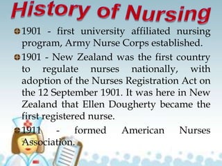 1901 - first university affiliated nursing
program, Army Nurse Corps established.
1901 - New Zealand was the first country
to regulate nurses nationally, with
adoption of the Nurses Registration Act on
the 12 September 1901. It was here in New
Zealand that Ellen Dougherty became the
first registered nurse.
1911 - formed American Nurses
Association.
 