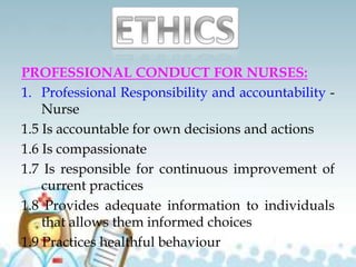 PROFESSIONAL CONDUCT FOR NURSES:
1. Professional Responsibility and accountability -
Nurse
1.5 Is accountable for own decisions and actions
1.6 Is compassionate
1.7 Is responsible for continuous improvement of
current practices
1.8 Provides adequate information to individuals
that allows them informed choices
1.9 Practices healthful behaviour
 