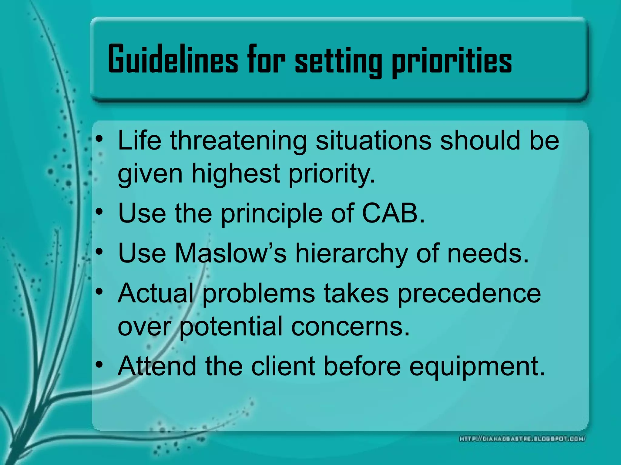 Guidelines for setting priorities
• Life threatening situations should be
given highest priority.
• Use the principle of CAB.
• Use Maslow’s hierarchy of needs.
• Actual problems takes precedence
over potential concerns.
• Attend the client before equipment.
 