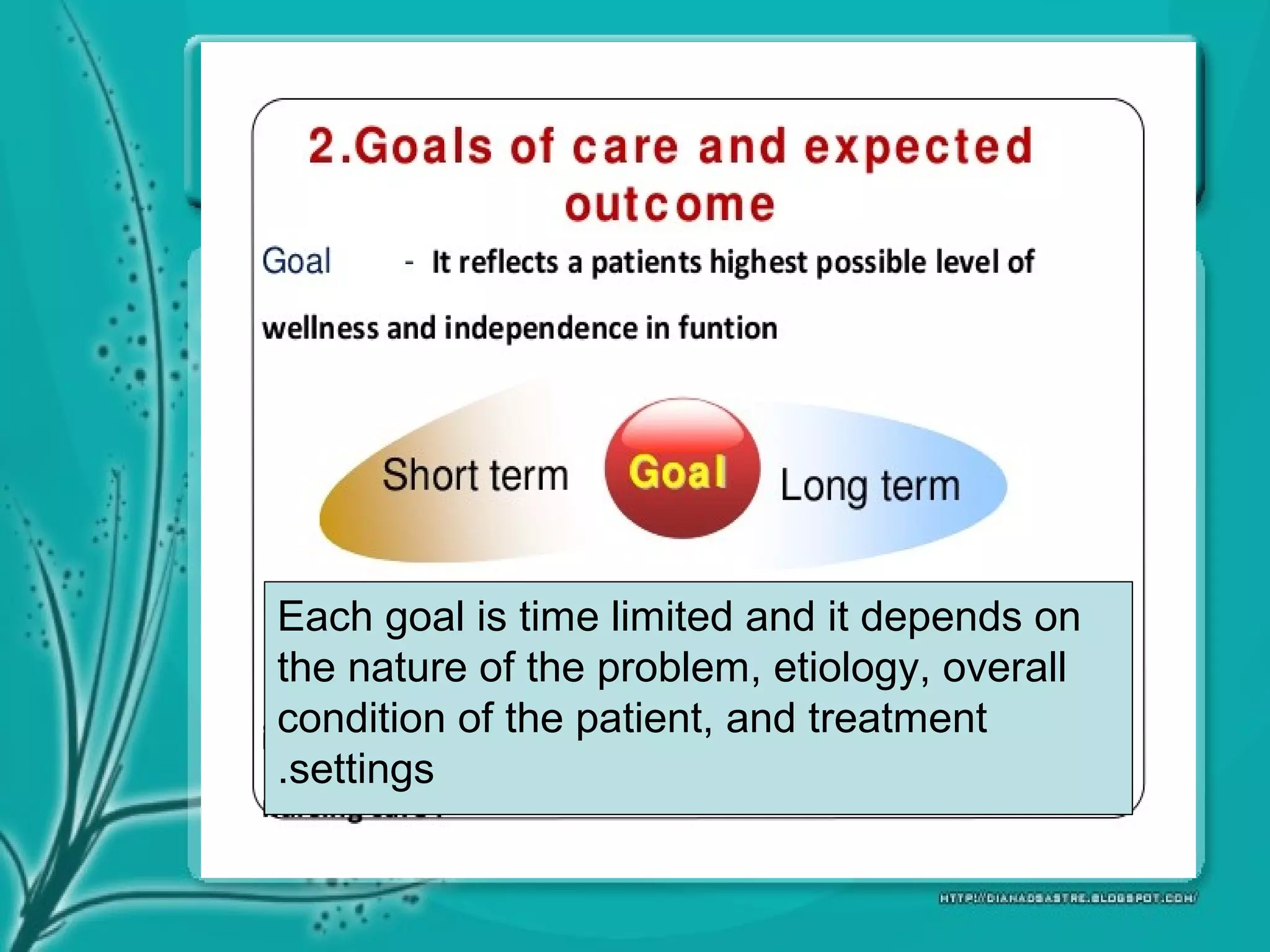 Each goal is time limited and it depends on
the nature of the problem, etiology, overall
condition of the patient, and treatment
settings.
 