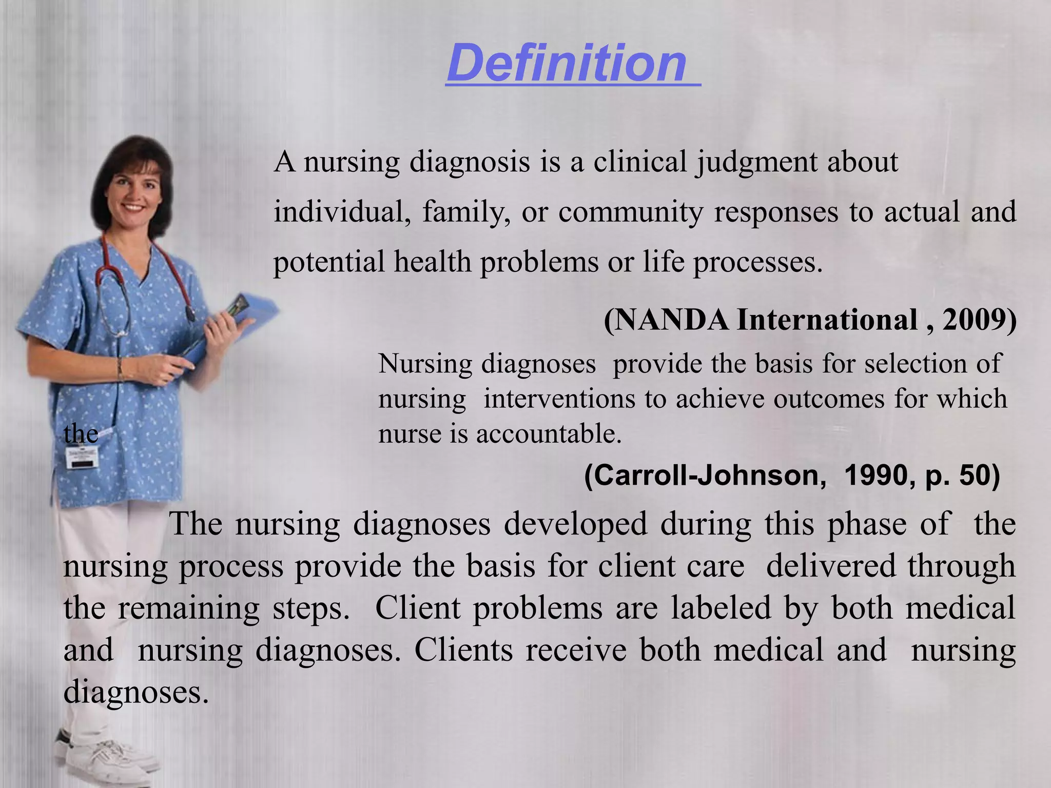Definition
A nursing diagnosis is a clinical judgment about
individual, family, or community responses to actual and
potential health problems or life processes.
(NANDA International , 2009)
Nursing diagnoses provide the basis for selection of
nursing interventions to achieve outcomes for which
the nurse is accountable.
(Carroll-Johnson, 1990, p. 50)
The nursing diagnoses developed during this phase of the
nursing process provide the basis for client care delivered through
the remaining steps. Client problems are labeled by both medical
and nursing diagnoses. Clients receive both medical and nursing
diagnoses.
 