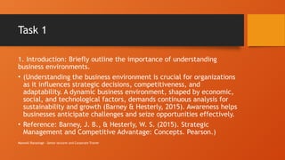 Maxwell Ranasinge - Senior lecturer and Corporate Trainer
Task 1
1. Introduction: Briefly outline the importance of understanding
business environments.
• (Understanding the business environment is crucial for organizations
as it influences strategic decisions, competitiveness, and
adaptability. A dynamic business environment, shaped by economic,
social, and technological factors, demands continuous analysis for
sustainability and growth (Barney & Hesterly, 2015). Awareness helps
businesses anticipate challenges and seize opportunities effectively.
• Reference: Barney, J. B., & Hesterly, W. S. (2015). Strategic
Management and Competitive Advantage: Concepts. Pearson.)
 