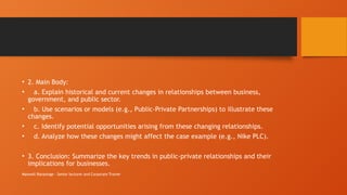 Maxwell Ranasinge - Senior lecturer and Corporate Trainer
• 2. Main Body:
• a. Explain historical and current changes in relationships between business,
government, and public sector.
• b. Use scenarios or models (e.g., Public-Private Partnerships) to illustrate these
changes.
• c. Identify potential opportunities arising from these changing relationships.
• d. Analyze how these changes might affect the case example (e.g., Nike PLC).
• 3. Conclusion: Summarize the key trends in public-private relationships and their
implications for businesses.
 