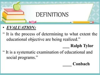 DEFINITIONS
• EVALUATION:
“ It is the process of determining to what extent the
educational objective are being realized.”
___ Ralph Tylor
“ It is a systematic examination of educational and
social programs.”
____ Conbach
 