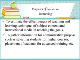 Purposes of evaluation
in nursing
 To estimate the effectiveness of teaching and
learning technique, of subject content and
instructional media in reaching the goals.
 To gather information for administrative purpose
such as selecting students for higher courses,
placement of students for advanced training, etc.
 
