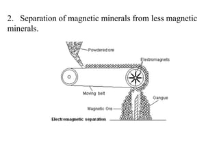 2. Separation of magnetic minerals from less magnetic
minerals.
 
