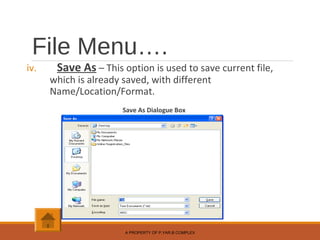 File Menu….
iv. Save As – This option is used to save current file,
which is already saved, with different
Name/Location/Format.
Save As Dialogue Box
A PROPERTY OF P.YAR.B COMPLEX
 