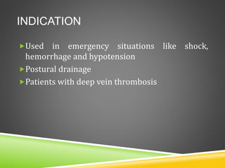 INDICATION
Used in emergency situations like shock,
hemorrhage and hypotension
Postural drainage
Patients with deep vein thrombosis
 