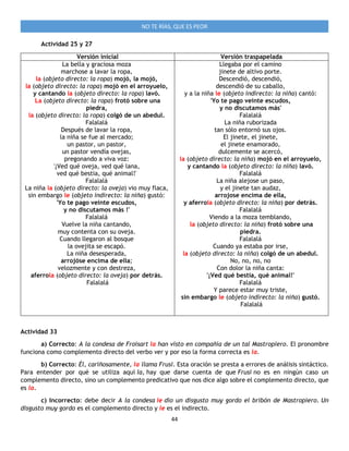 44
NO TE RÍAS, QUE ES PEOR
Actividad 25 y 27
Versión inicial Versión traspapelada
La bella y graciosa moza
marchose a lavar la ropa,
la (objeto directo: la ropa) mojó, la mojó,
la (objeto directo: la ropa) mojó en el arroyuelo,
y cantando la (objeto directo: la ropa) lavó.
La (objeto directo: la ropa) frotó sobre una
piedra,
la (objeto directo: la ropa) colgó de un abedul.
Falalalá
Después de lavar la ropa,
la niña se fue al mercado;
un pastor, un pastor,
un pastor vendía ovejas,
pregonando a viva voz:
'¡Ved qué oveja, ved qué lana,
ved qué bestia, qué animal!'
Falalalá
La niña la (objeto directo: la oveja) vio muy flaca,
sin embargo le (objeto indirecto: la niña) gustó:
'Yo te pago veinte escudos,
y no discutamos más !'
Falalalá
Vuelve la niña cantando,
muy contenta con su oveja.
Cuando llegaron al bosque
la ovejita se escapó.
La niña desesperada,
arrojóse encima de ella;
velozmente y con destreza,
aferrola (objeto directo: la oveja) por detrás.
Falalalá
Llegaba por el camino
jinete de altivo porte.
Descendió, descendió,
descendió de su caballo,
y a la niña le (objeto indirecto: la niña) cantó:
'Yo te pago veinte escudos,
y no discutamos más'
Falalalá
La niña ruborizada
tan sólo entornó sus ojos.
El jinete, el jinete,
el jinete enamorado,
dulcemente se acercó,
la (objeto directo: la niña) mojó en el arroyuelo,
y cantando la (objeto directo: la niña) lavó.
Falalalá
La niña alejose un paso,
y el jinete tan audaz,
arrojose encima de ella,
y aferrola (objeto directo: la niña) por detrás.
Falalalá
Viendo a la moza temblando,
la (objeto directo: la niña) frotó sobre una
piedra.
Falalalá
Cuando ya estaba por irse,
la (objeto directo: la niña) colgó de un abedul.
No, no, no, no
Con dolor la niña canta:
'¡Ved qué bestia, qué animal!'
Falalalá
Y parece estar muy triste,
sin embargo le (objeto indirecto: la niña) gustó.
Falalalá
Actividad 33
a) Correcto: A la condesa de Froisart la han visto en compañía de un tal Mastropiero. El pronombre
funciona como complemento directo del verbo ver y por eso la forma correcta es la.
b) Correcto: Él, cariñosamente, la llama Frusi. Esta oración se presta a errores de análisis sintáctico.
Para entender por qué se utiliza aquí la, hay que darse cuenta de que Frusi no es en ningún caso un
complemento directo, sino un complemento predicativo que nos dice algo sobre el complemento directo, que
es la.
c) Incorrecto: debe decir A la condesa le dio un disgusto muy gordo el bribón de Mastropiero. Un
disgusto muy gordo es el complemento directo y le es el indirecto.
 