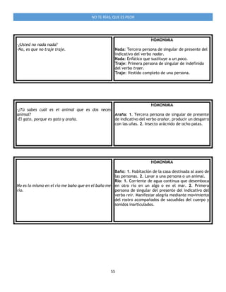 55
NO TE RÍAS, QUE ES PEOR
-¿Usted no nada nada?
-No, es que no traje traje.
HOMONIMIA
Nada: Tercera persona de singular de presente del
indicativo del verbo nadar.
Nada: Enfático que sustituye a un poco.
Traje: Primera persona de singular de indefinido
del verbo traer.
Traje: Vestido completo de una persona.
-¿Tú sabes cuál es el animal que es dos veces
animal?
-El gato, porque es gato y araña.
HOMONIMIA
Araña: 1. Tercera persona de singular de presente
de indicativo del verbo arañar, producir un desgarro
con las uñas. 2. Insecto arácnido de ocho patas.
No es lo mismo en el río me baño que en el baño me
río.
HOMONIMIA
Baño: 1. Habitación de la casa destinada al aseo de
las personas. 2. Lavar a una persona o un animal.
Río: 1. Corriente de agua continua que desemboca
en otro río en un algo o en el mar. 2. Primera
persona de singular del presente del indicativo del
verbo reír. Manifestar alegría mediante movimiento
del rostro acompañados de sacudidas del cuerpo y
sonidos inarticulados.
 