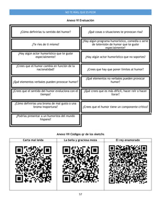 57
NO TE RÍAS, QUE ES PEOR
Anexo VI Evaluación
¿Cómo definirías tu sentido del humor? ¿Qué cosas o situaciones te provocan risa?
¿Te ríes de ti mismo?
¿Hay algún programa humorístico, comedia o serie
de televisión de humor que te guste
especialmente?
¿Hay algún actor humorístico que te guste
especialmente? ¿Hay algún actor humorístico que no soportes?
¿Crees que el humor cambia en función de la
nacionalidad? ¿Crees que hay que poner límites al humor?
¿Qué elementos verbales pueden provocar humor?
¿Qué elementos no verbales pueden provocar
humor?
¿Crees que el sentido del humor evoluciona con el
tiempo?
¿Qué crees que es más difícil, hacer reír o hacer
llorar?
¿Cómo definirías una broma de mal gusto o una
broma inoportuna? ¿Crees que el humor tiene un componente crítico?
¿Podrías presentar a un humorista del mundo
hispano?
Anexo VII Códigos qr de los sketchs
Carta mal leída La bella y graciosa moza El rey enamorado
 
