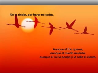 No te rindas, por favor no cedas,
Aunque el frío queme,
aunque el miedo muerda,
aunque el sol se ponga y se calle el viento,
 