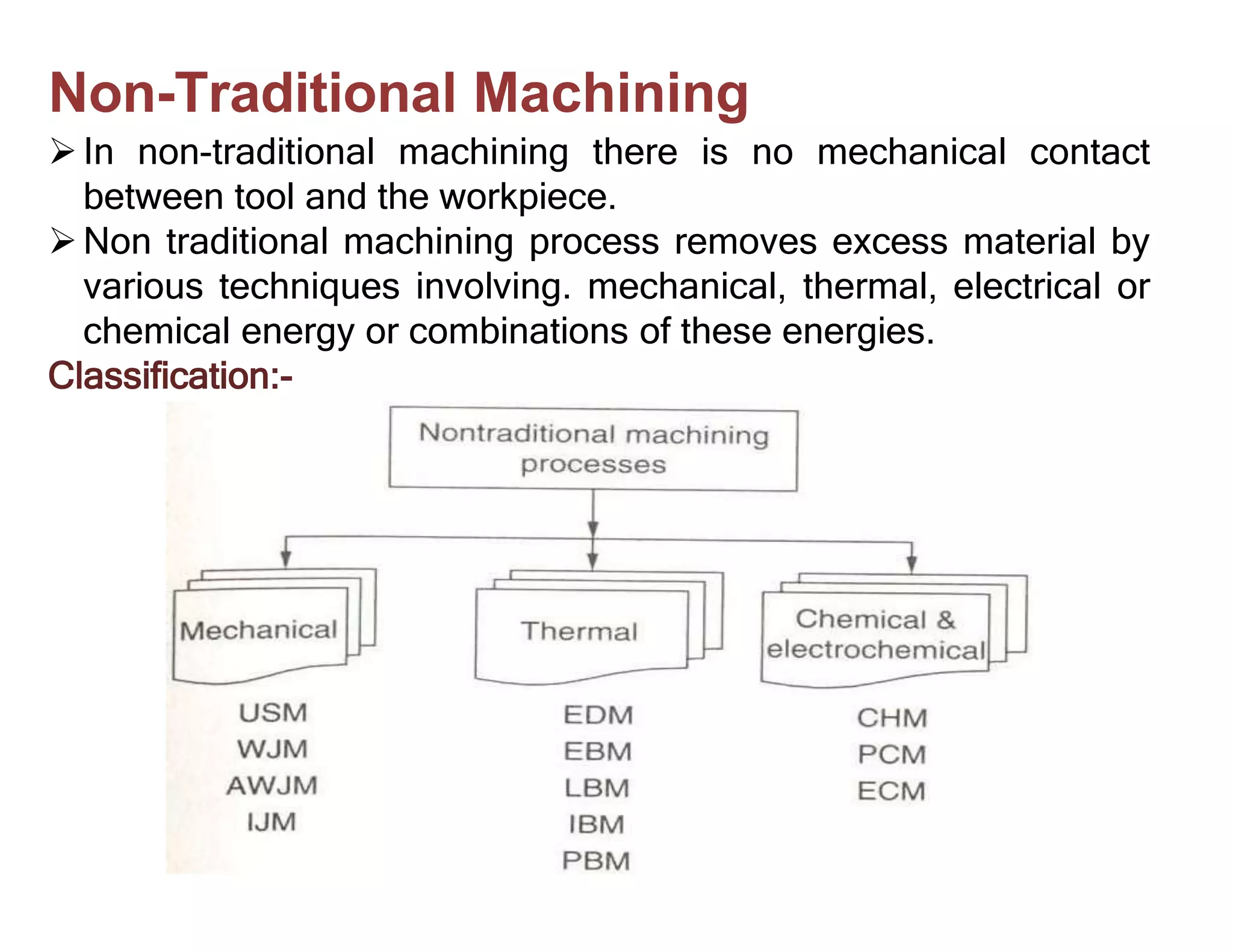 In non-traditional machining there is no mechanical contact
between tool and the workpiece.
Non traditional machining process removes excess material by
various techniques involving. mechanical, thermal, electrical or
chemical energy or combinations of these energies.
Classification:-
Non-Traditional Machining
 
