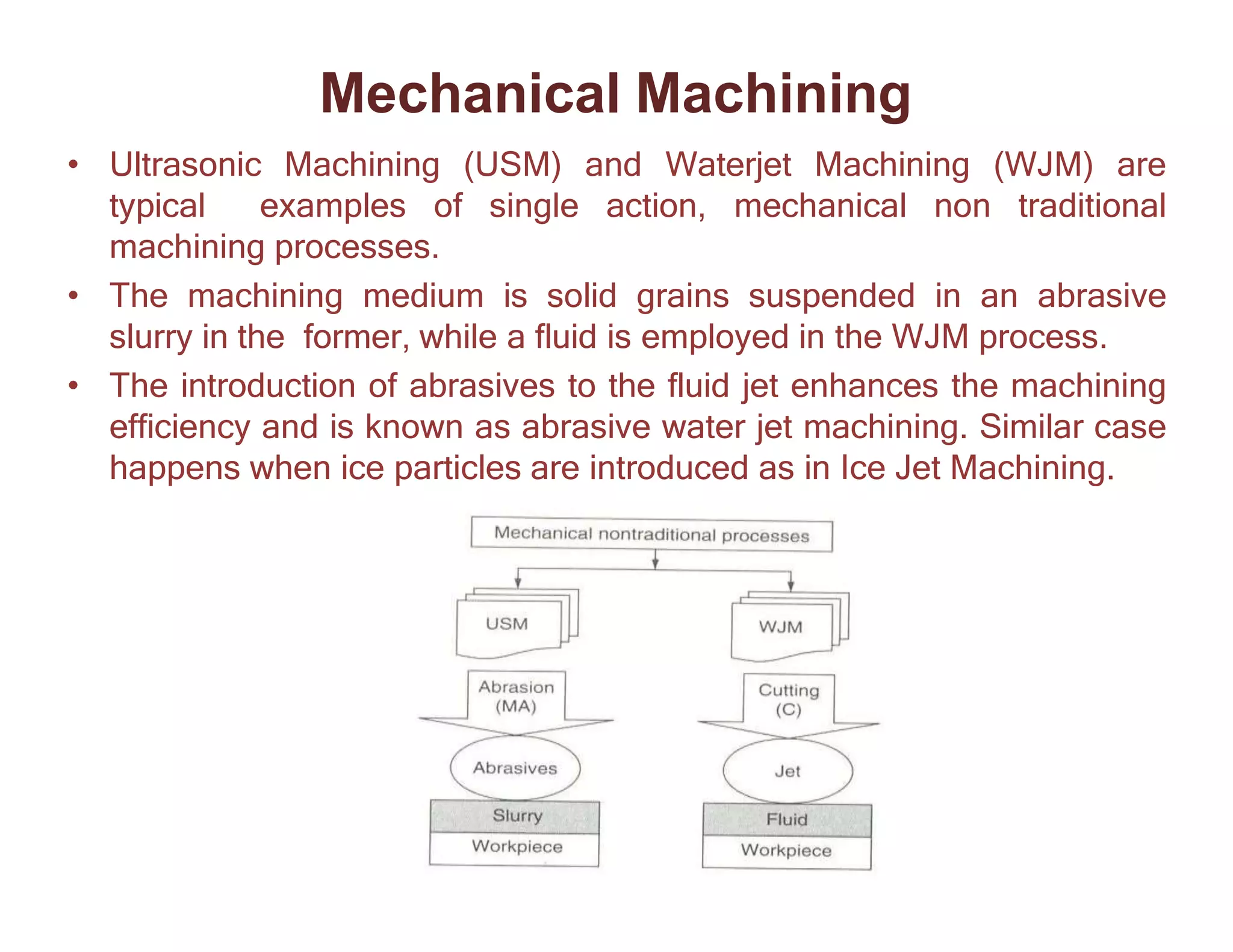 Mechanical Machining
• Ultrasonic Machining (USM) and Waterjet Machining (WJM) are
typical examples of single action, mechanical non traditional
machining processes.
• The machining medium is solid grains suspended in an abrasive
slurry in the former, while a fluid is employed in the WJM process.
• The introduction of abrasives to the fluid jet enhances the machining
efficiency and is known as abrasive water jet machining. Similar case
happens when ice particles are introduced as in Ice Jet Machining.
 