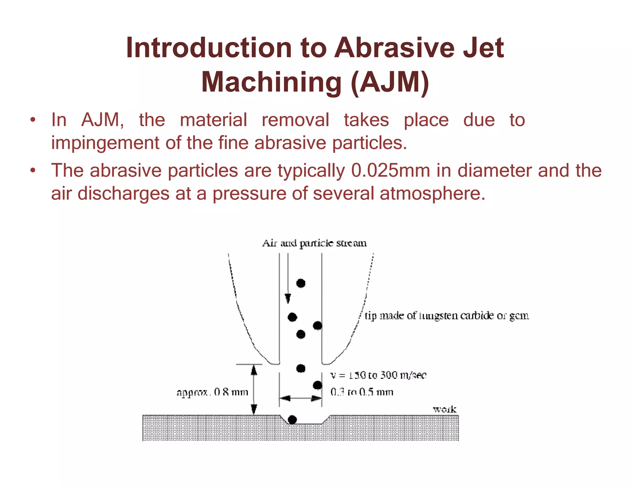 Introduction to Abrasive Jet
Machining (AJM)
• In AJM, the material removal takes place due to
impingement of the fine abrasive particles.
• The abrasive particles are typically 0.025mm in diameter and the
air discharges at a pressure of several atmosphere.
 