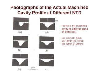 Photographs of the Actual Machined
Cavity Profile at Different NTD
Profile of the machined
cavity at different stand
off distances
(a) 2mm (b) 6mm
(c) 10mm (d) 14mm
(e) 16mm (f) 20mm
 