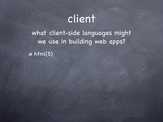 client
what client-side languages might
 we use in building web apps?
html(5)
 