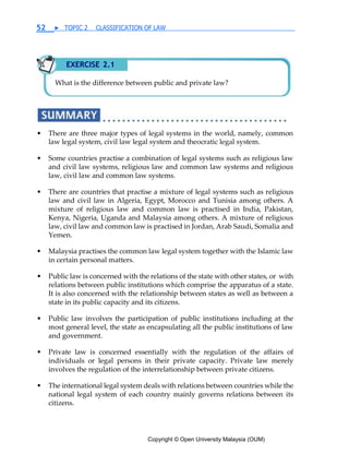 Copyright © Open University Malaysia (OUM)
52 ▶ TOPIC 2 CLASSIFICATION OF LAW
• There are three major types of legal systems in the world, namely, common
law legal system, civil law legal system and theocratic legal system.
• Some countries practise a combination of legal systems such as religious law
and civil law systems, religious law and common law systems and religious
law, civil law and common law systems.
• There are countries that practise a mixture of legal systems such as religious
law and civil law in Algeria, Egypt, Morocco and Tunisia among others. A
mixture of religious law and common law is practised in India, Pakistan,
Kenya, Nigeria, Uganda and Malaysia among others. A mixture of religious
law, civil law and common law is practised in Jordan, Arab Saudi, Somalia and
Yemen.
• Malaysia practises the common law legal system together with the Islamic law
in certain personal matters.
• Public law is concerned with the relations of the state with other states, or with
relations between public institutions which comprise the apparatus of a state.
It is also concerned with the relationship between states as well as between a
state in its public capacity and its citizens.
• Public law involves the participation of public institutions including at the
most general level, the state as encapsulating all the public institutions of law
and government.
• Private law is concerned essentially with the regulation of the affairs of
individuals or legal persons in their private capacity. Private law merely
involves the regulation of the interrelationship between private citizens.
• The international legal system deals with relations between countries while the
national legal system of each country mainly governs relations between its
citizens.
EXERCISE 2.1
What is the difference between public and private law?
 