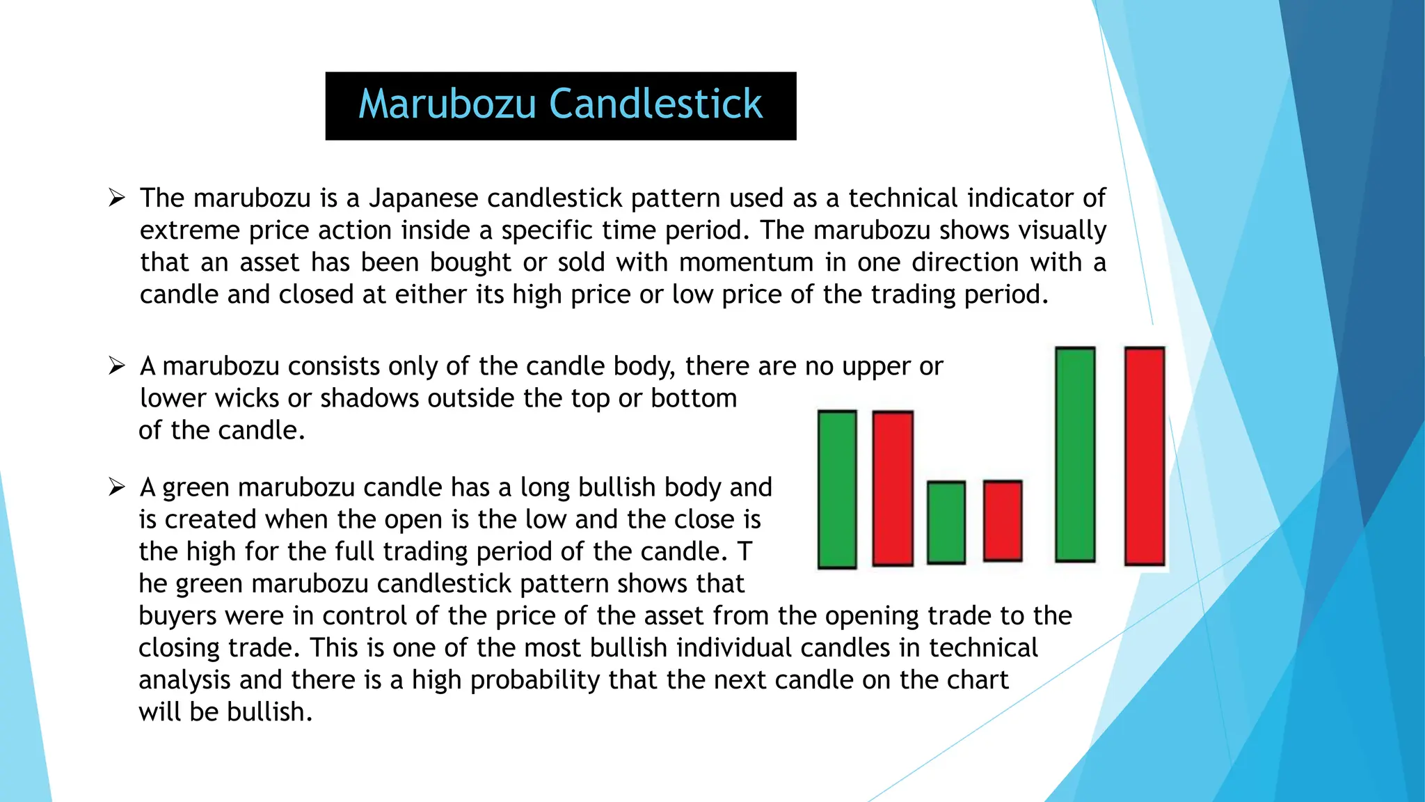 Marubozu Candlestick
 The marubozu is a Japanese candlestick pattern used as a technical indicator of
extreme price action inside a specific time period. The marubozu shows visually
that an asset has been bought or sold with momentum in one direction with a
candle and closed at either its high price or low price of the trading period.
 A marubozu consists only of the candle body, there are no upper or
lower wicks or shadows outside the top or bottom
of the candle.
 A green marubozu candle has a long bullish body and
is created when the open is the low and the close is
the high for the full trading period of the candle. T
he green marubozu candlestick pattern shows that
buyers were in control of the price of the asset from the opening trade to the
closing trade. This is one of the most bullish individual candles in technical
analysis and there is a high probability that the next candle on the chart
will be bullish.
 