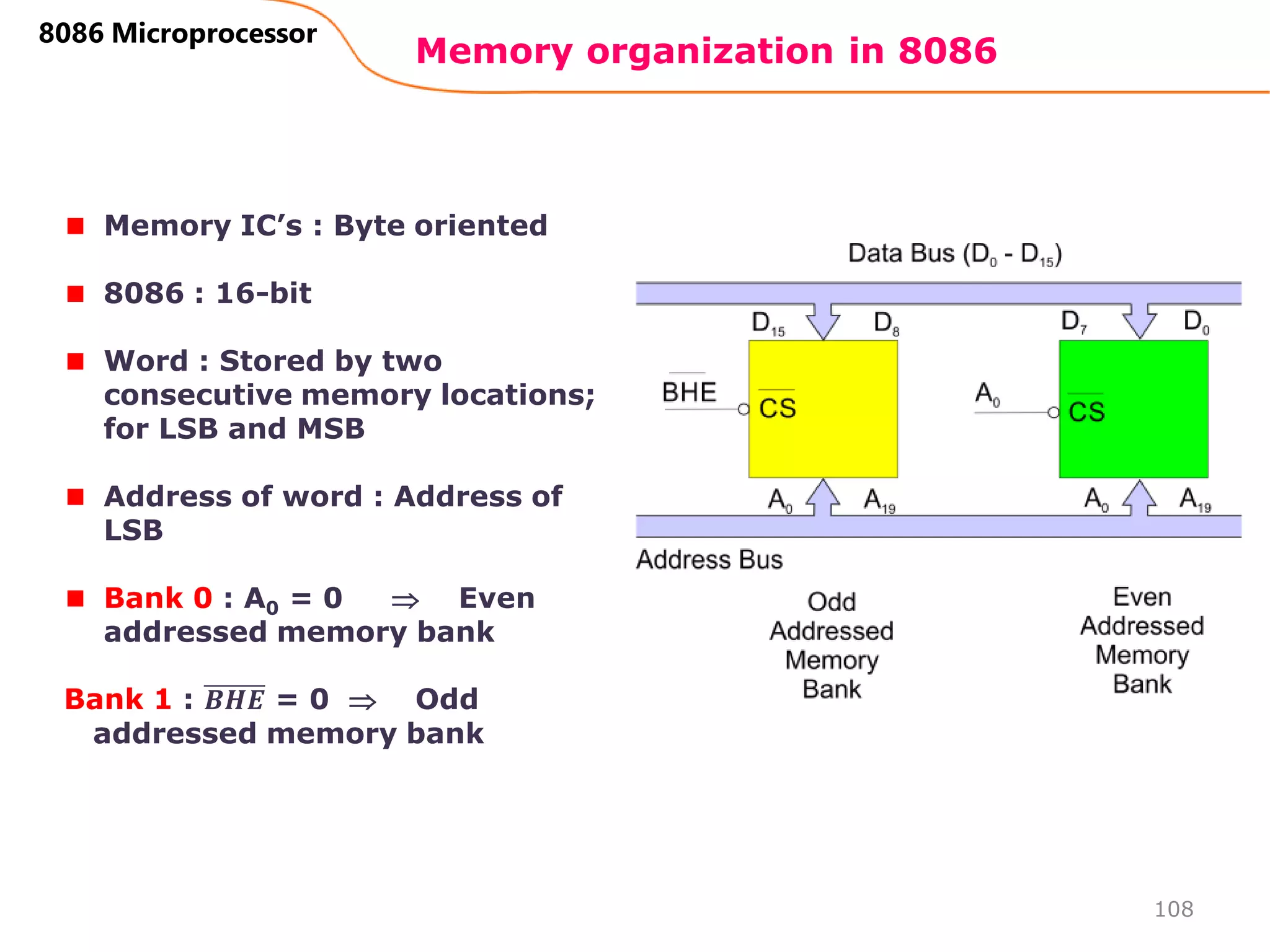 Memory organization in 8086
108
8086 Microprocessor
Memory IC’s : Byte oriented
8086 : 16-bit
Word : Stored by two
consecutive memory locations;
for LSB and MSB
Address of word : Address of
LSB
Bank 0 : A0 = 0  Even
addressed memory bank
Bank 1 : 𝑩𝑯𝑬 = 0  Odd
addressed memory bank
 