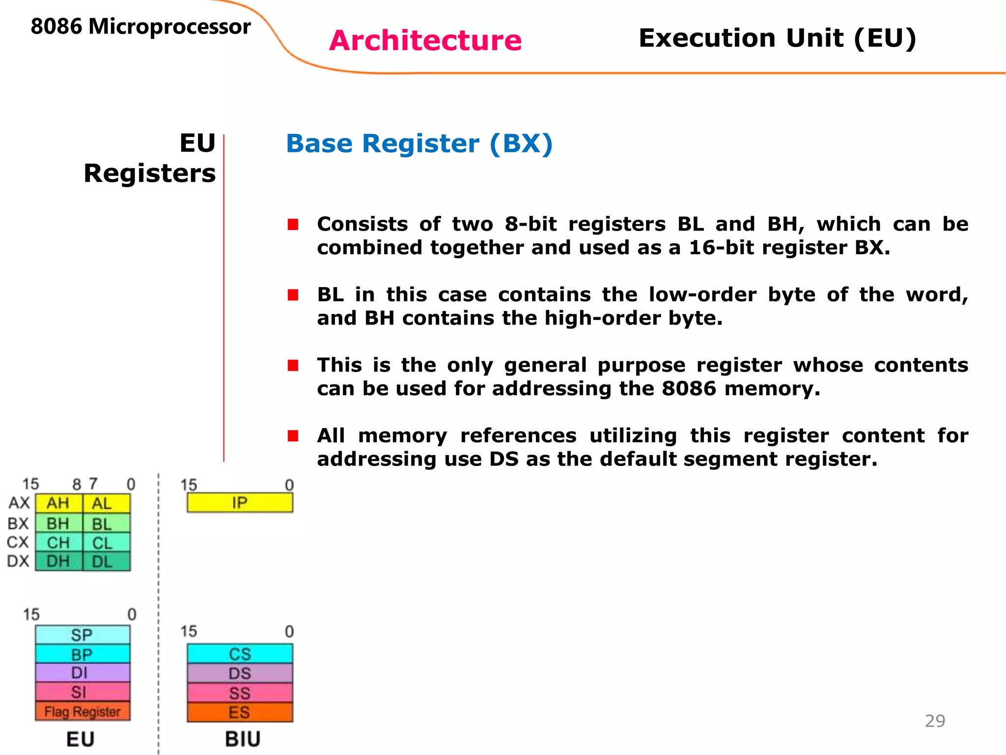 Architecture
8086 Microprocessor
29
EU
Registers
Base Register (BX)
Consists of two 8-bit registers BL and BH, which can be
combined together and used as a 16-bit register BX.
BL in this case contains the low-order byte of the word,
and BH contains the high-order byte.
This is the only general purpose register whose contents
can be used for addressing the 8086 memory.
All memory references utilizing this register content for
addressing use DS as the default segment register.
Execution Unit (EU)
 